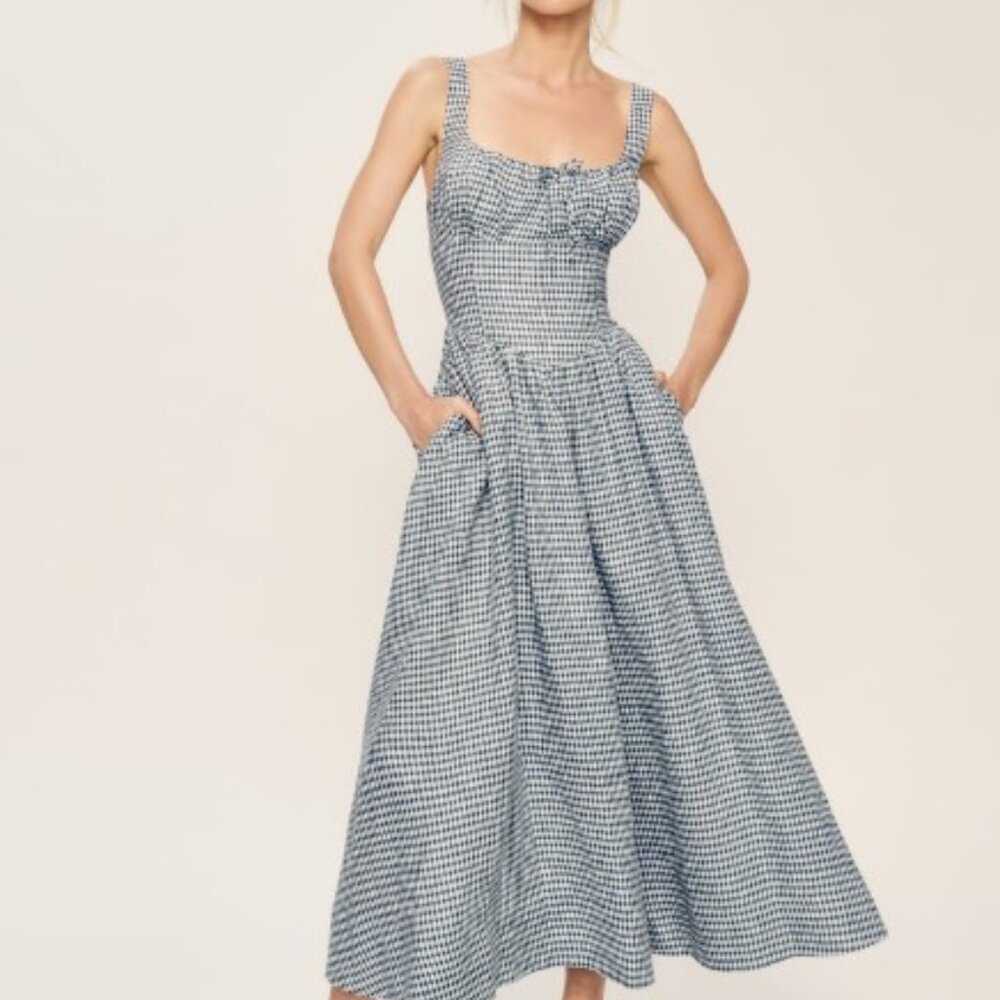 Reformation Balia Linen Dress - Slate Check - Picture 2 of 8